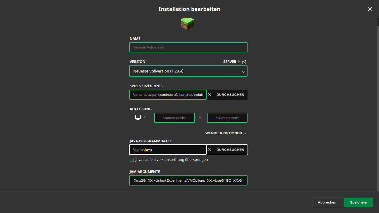 Bildschirmfoto der Auswahl der Java-Programmdatei in der Konfiguration einer Minecraft-Installation